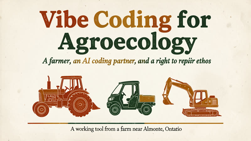 Cover illustration: three farm machines (a vintage tractor, a utility side-by-side, and a compact excavator) drawn in 1970s Whole Earth Catalog woodcut style with terracotta, ochre, and deep green on a parchment background. Project title text reads: Vibe Coding for Agroecology — A farmer, an AI coding partner, and a right to repair ethos.